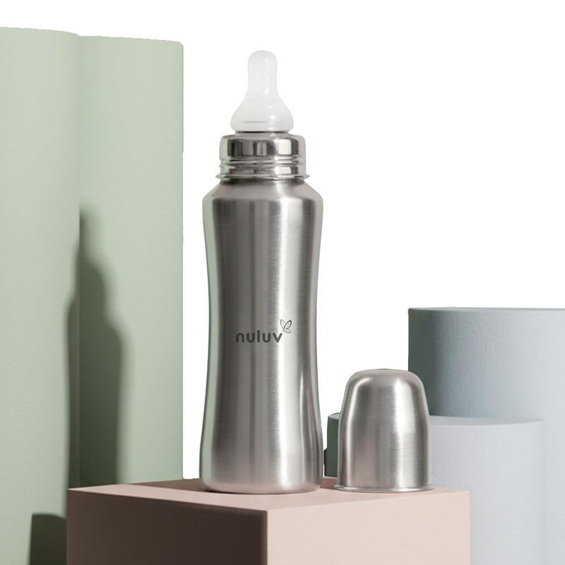 Nuluv Nourish+ Stainless Steel Feeding Bottle with Anti-Colic Silicone Nipple - 240ml - Image 1